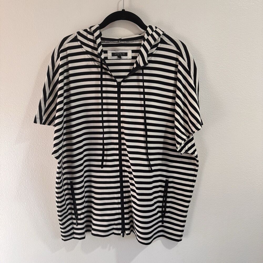 Lafayette 148 New York Hoodie Sweatshirt L Striped Black White Short Sleeve Zip